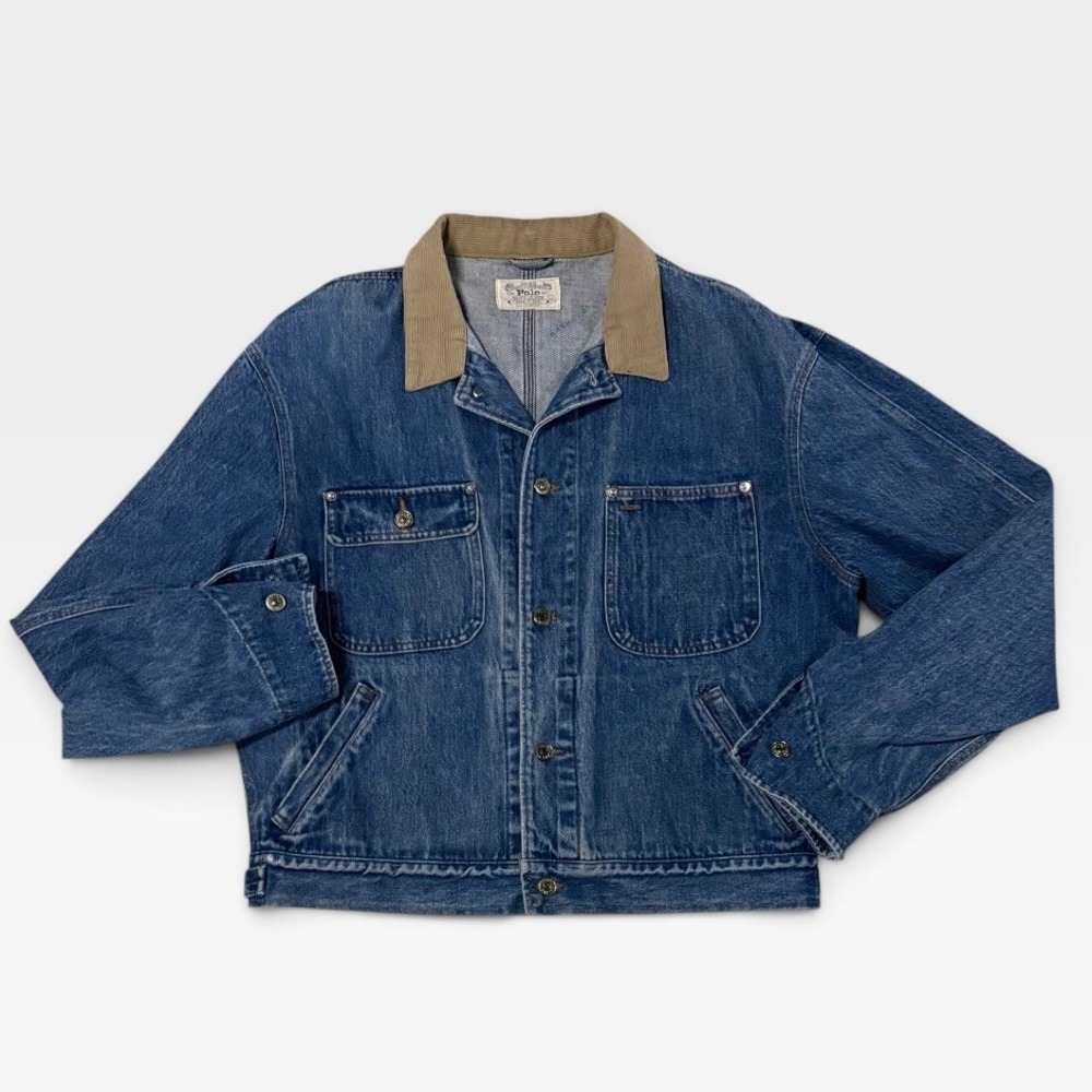 Polo Ralph Lauren Denim Jacket Mens Large Corduroy Collar USA Made Vintage Blue